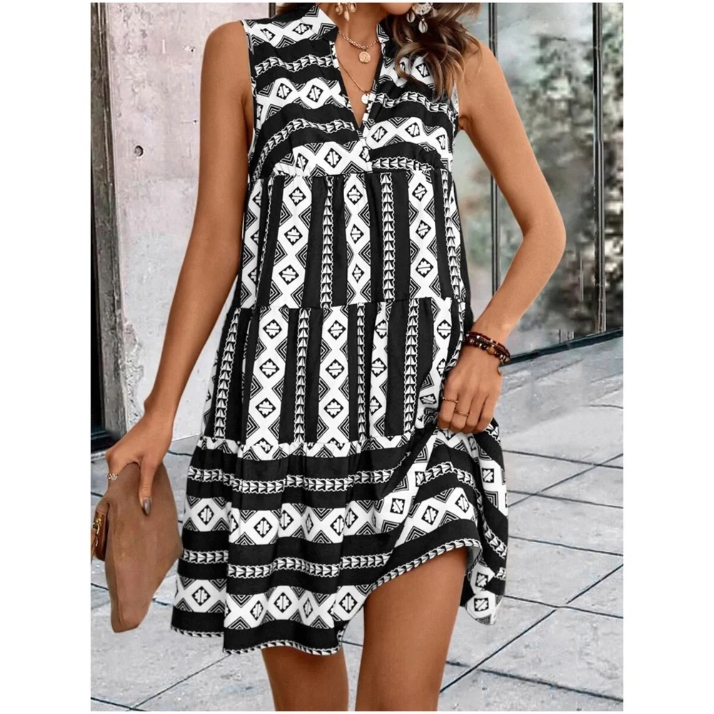 Boho Geo Print Sleeveless Ruffle Dress - Picture 3 of 12